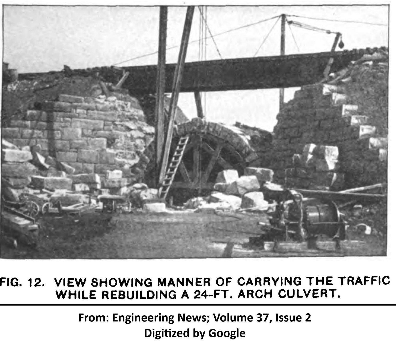 Photo showing reconstruction of bridge in 1896 and temporary girder used.